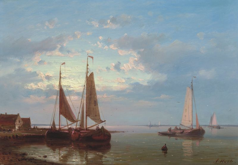 Fishing boats moored in a calm harbour, oil on canvas by Abraham Hulk