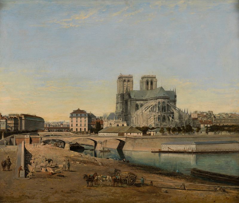 Paisaje de Notre-Dame y el Sena, pintura al óleo de Émile Harrouart