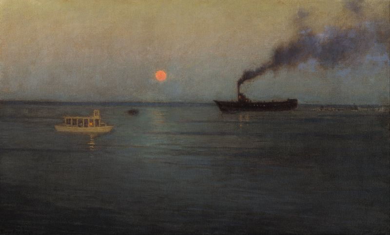 Oil painting by Birge Harrison depicting a moonlit harbor at twilight.