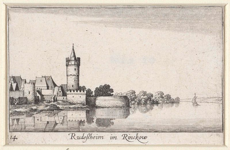 Gravura de Wenceslaus Hollar representando uma paisagem fluvial com uma aldeia e colinas.