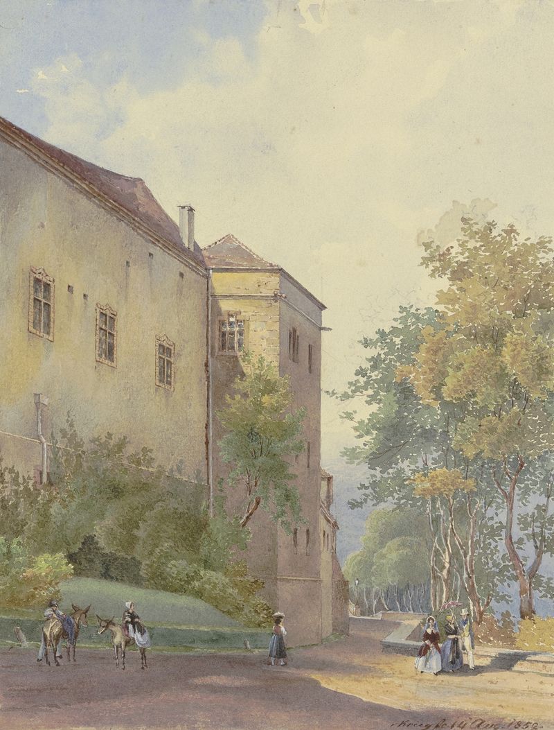 Schlossecke mit Spaziergängern, oil on canvas by Georg Von Krieg, features figures walking in a lush park.
