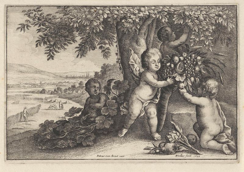 Putto cherub sosteniendo el cuerno de la abundancia, grabado de Wenceslaus Hollar