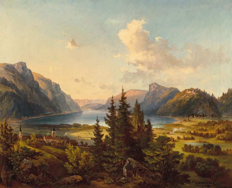 A View of Lake Ossiach with Landskron Castle, oil on canvas by Jakob Canciani, featuring a serene lake and castle at dusk.