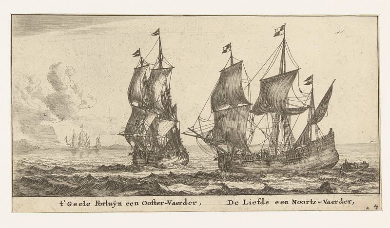 Etching by Reinier Nooms depicting ships 't Gele Fortuin and De Liefde in a harbor