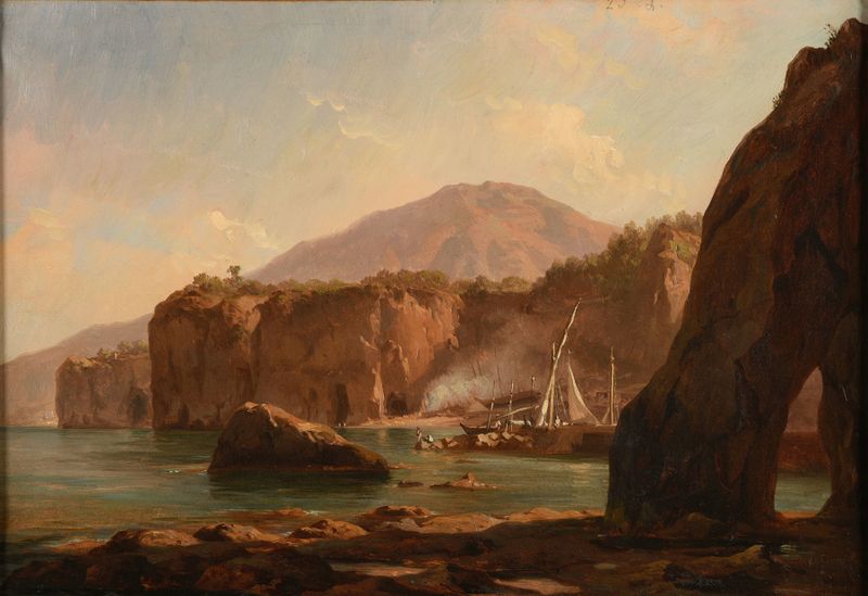 Landscape depicting eroded cliffs and sea at sunset by Jacques-Raymond Brascassat, oil painting