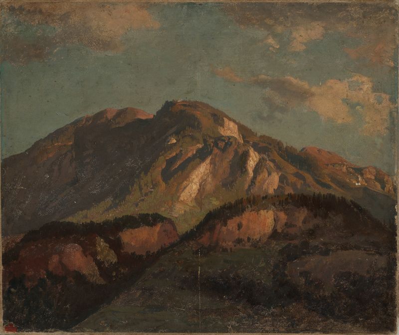 Pintura de paisagem a óleo de Johann Wilhelm Schirmer com montanhas e colinas.