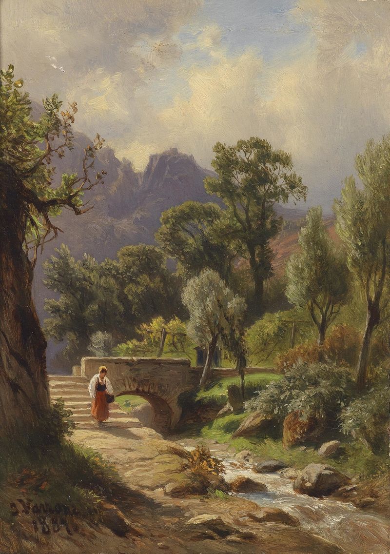 Landscape depicting a solitary figure walking at dawn, oil painting by Johann Varrone