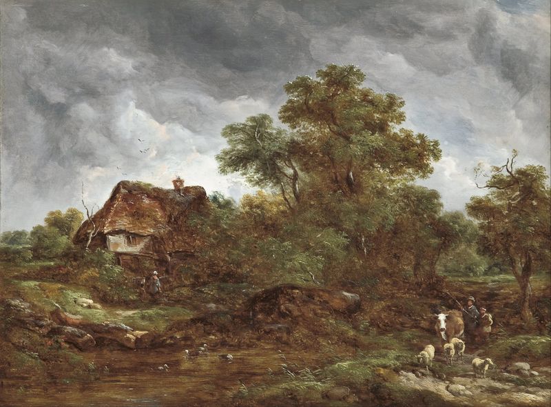 Paisagem de Richard Hilder, Romantismo, retratando colinas e um pôr do sol.