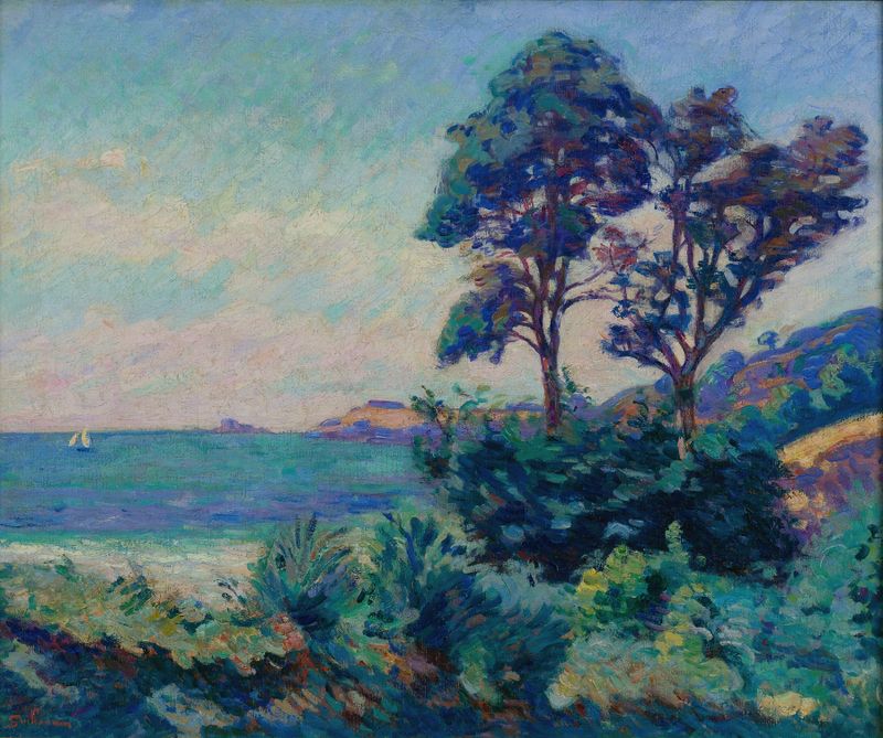 Marine À Saint-Palais de Armand Guillaumin, pintura a óleo que retrata ondas e costa ao crepúsculo