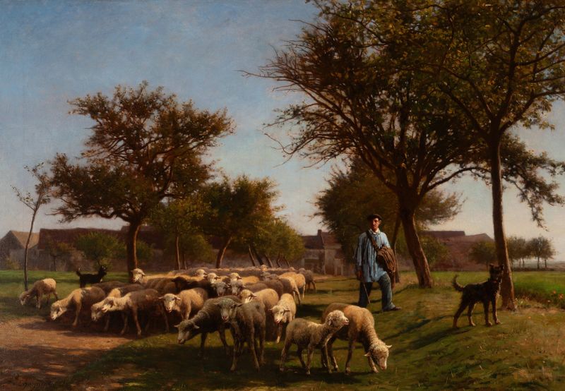 Shepherd with dogs tending his flock, oil on canvas by Jean Ferdinand Chaigneau