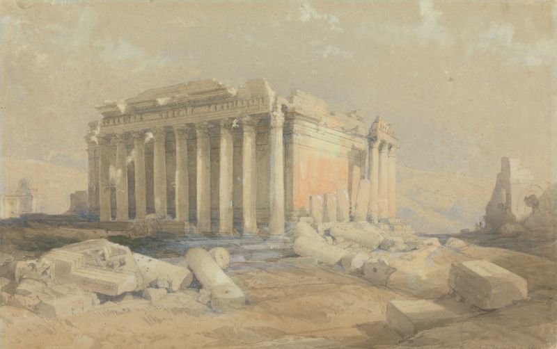El Templo de Baalbec de David Roberts, óleo sobre lienzo, con columnas antiguas contra un cielo azul.