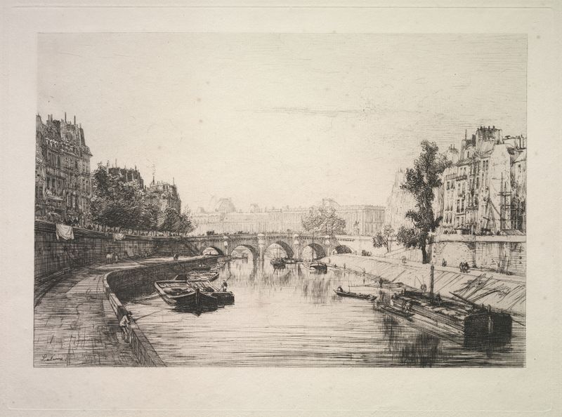 View from St. Michel Bridge, engraving by Maxime Lalanne, depicting a Paris evening skyline.