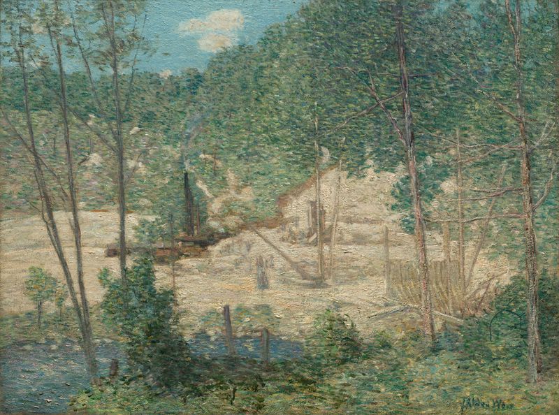 A Construção da Barragem de Julian Alden Weir, pintura a óleo que retrata água e arquitetura.