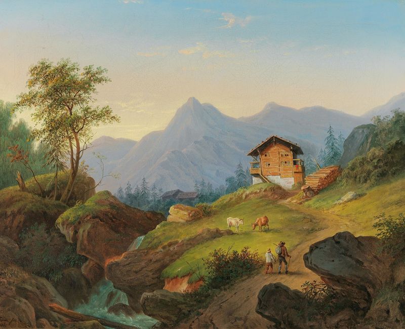 Landscape with mountains and 19th century wanderers, oil painting by Matthias Rudolf Toma