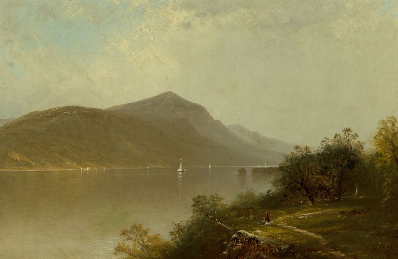 Along the Hudson River, pintura a óleo de Alfred Thompson Bricher, apresentando águas tranquilas e um céu sereno.