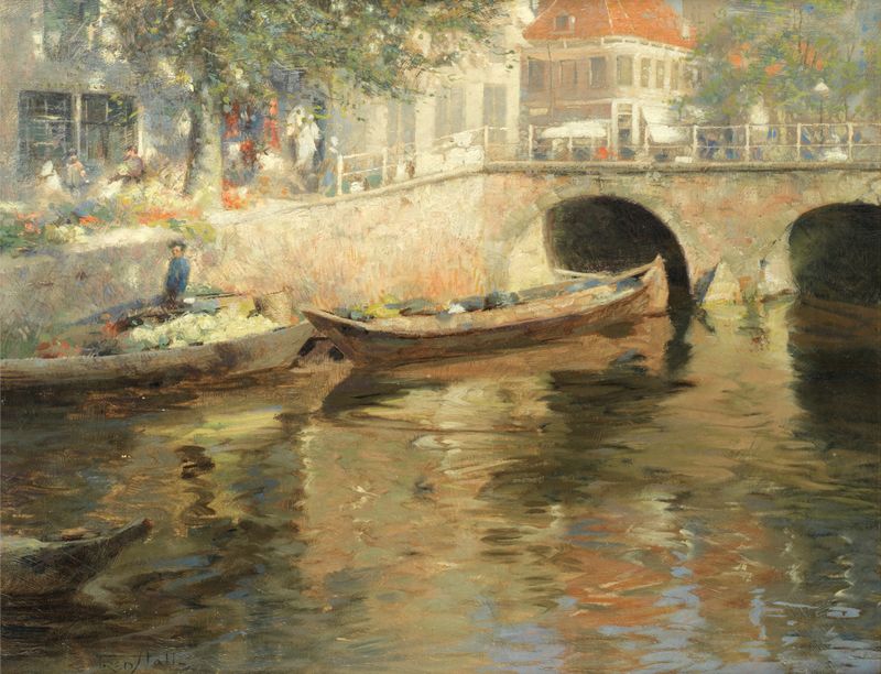 Bridge at Alkmaar by Frederick Hall, Impressionism, landscape with twilight hues and reflections