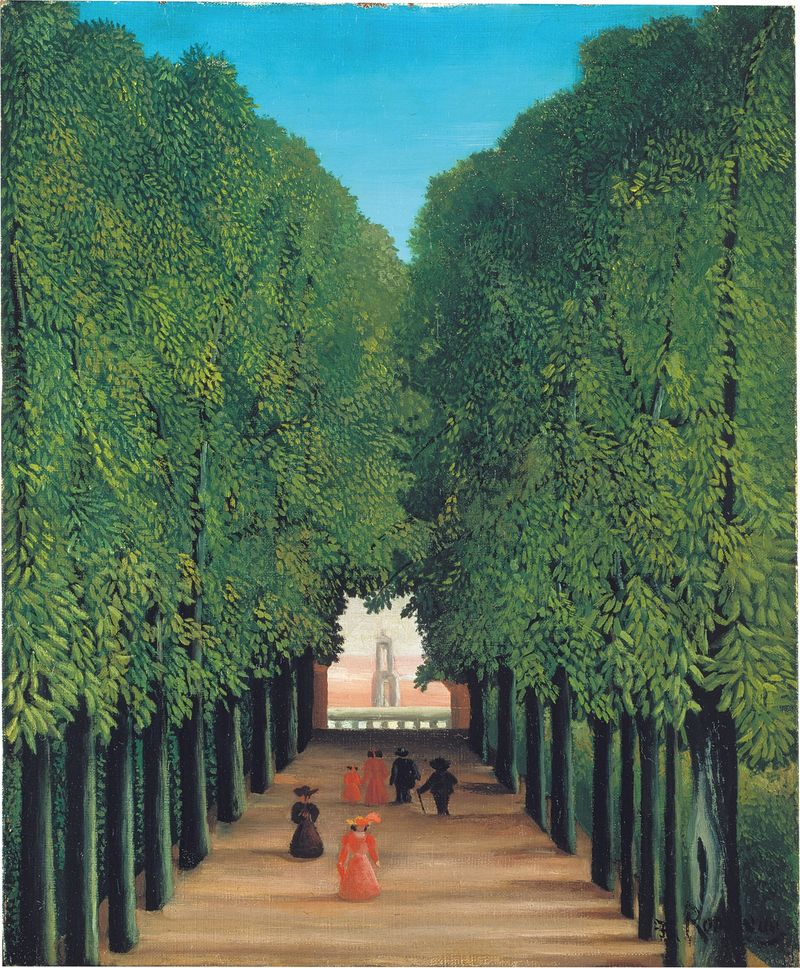 The Avenue in Saint-Cloud Park by Henri Rousseau, oil painting depicting a lush park with trees and sunlight.