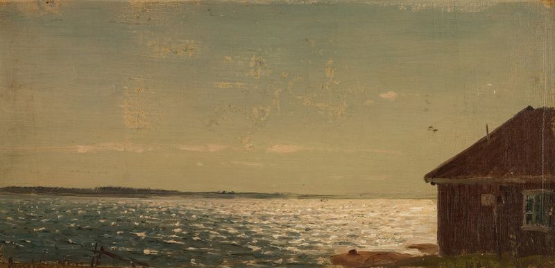 Cena marinha com ondas suaves na costa, óleo sobre tela de Amaldus Nielsen