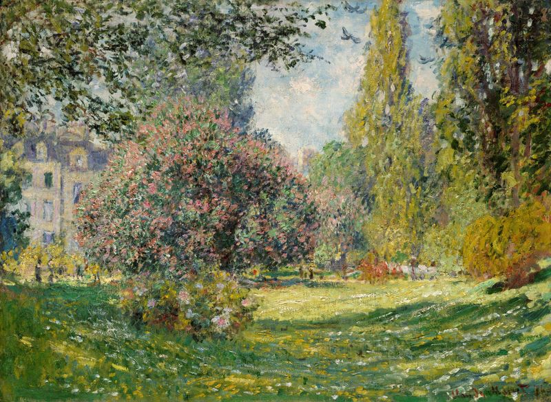 Paisagem; O Parc Monceau, pintura a óleo de Claude Monet que retrata um parque exuberante com árvores e flores.