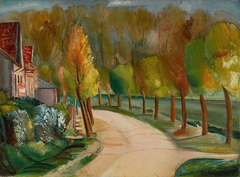 Riverside by Boris Grigoriev, oil on canvas depicting a tranquil river landscape.