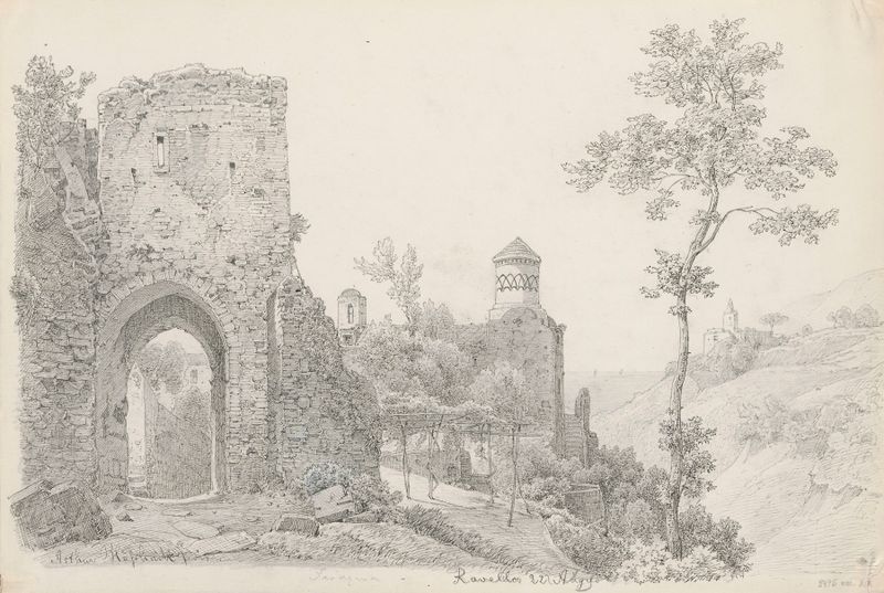 Vista da Villa Rufolo em Ravello, óleo sobre tela de Arthur Blaschnik, apresentando vegetação exuberante e uma villa ilumi...