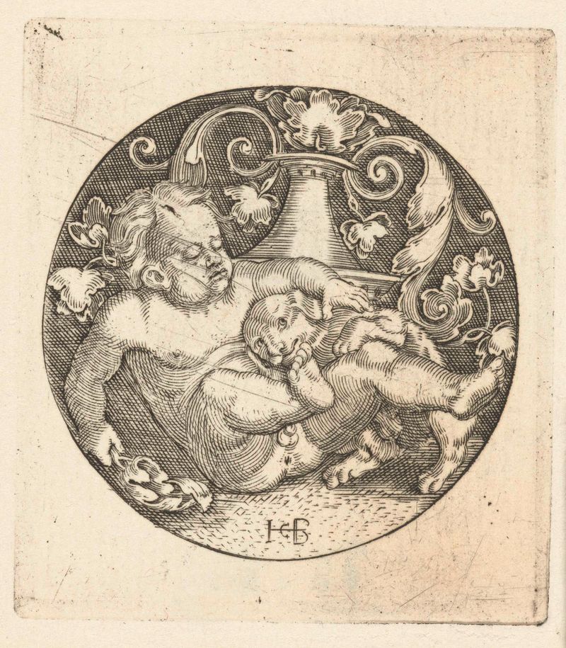 Engraving by Jacob Binck depicting a child playing with a dog