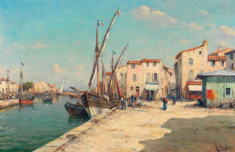 Cena marinha com veleiros e luz cintilante, pintura a óleo de Henry Malfroy