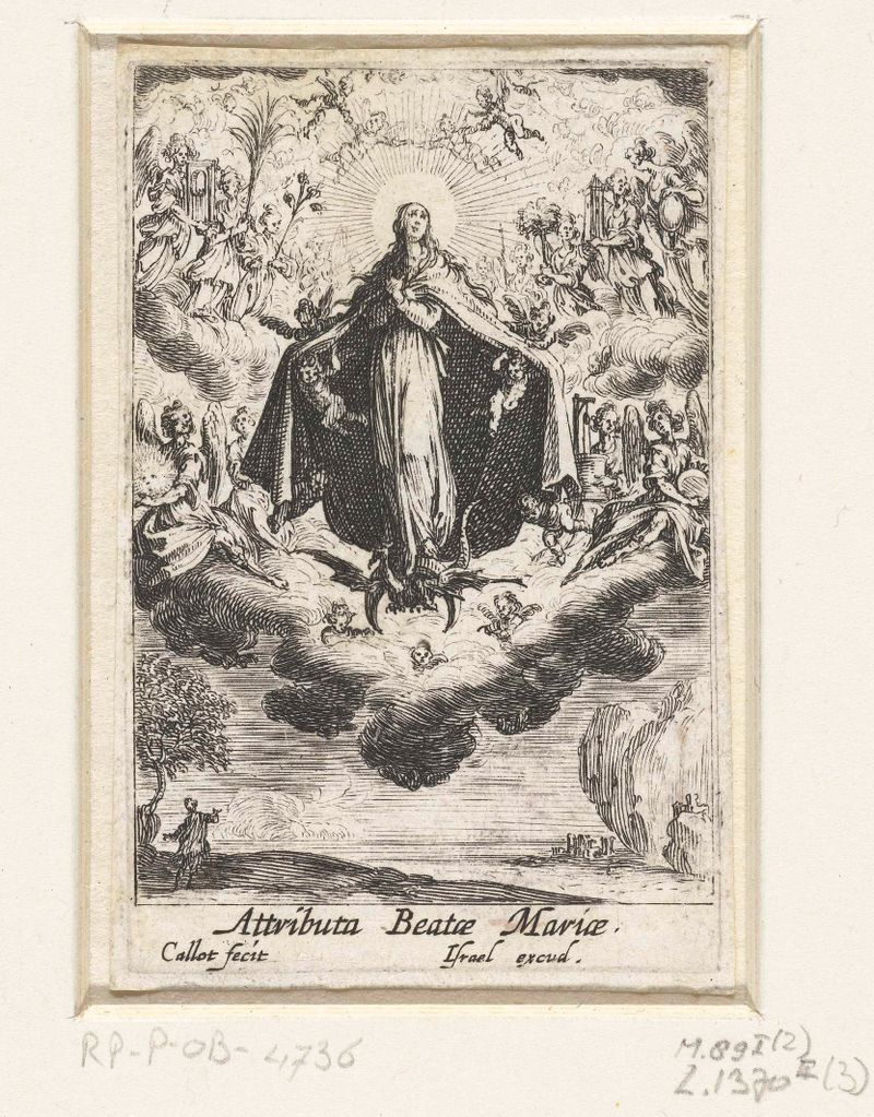 Gravura de Jacques Callot retratando Maria cercada por anjos em uma cena celestial.