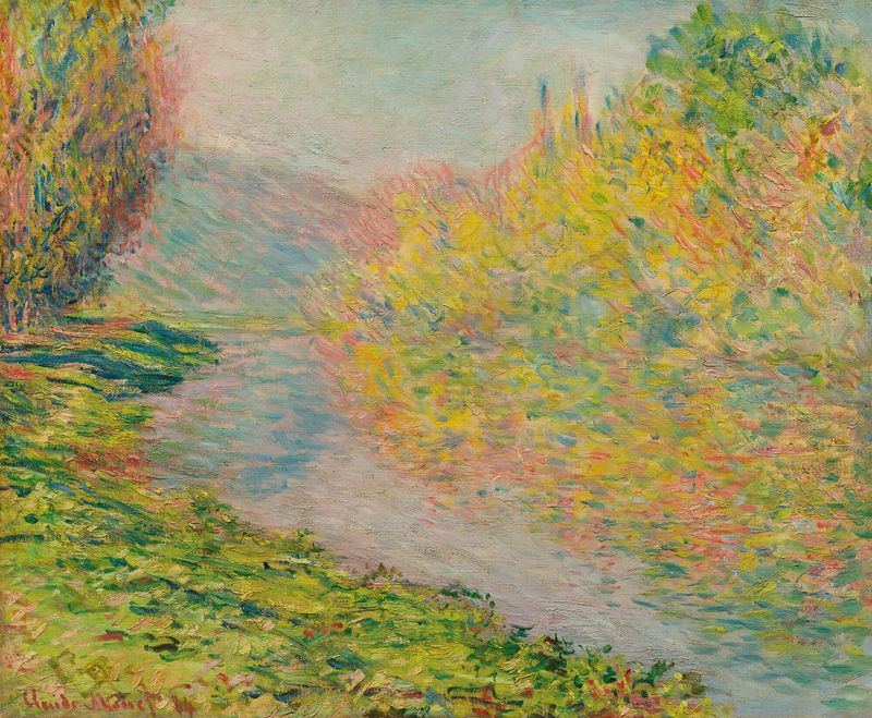 Automne À Jeufosse, oil painting by Claude Monet depicting autumn trees and water reflections.