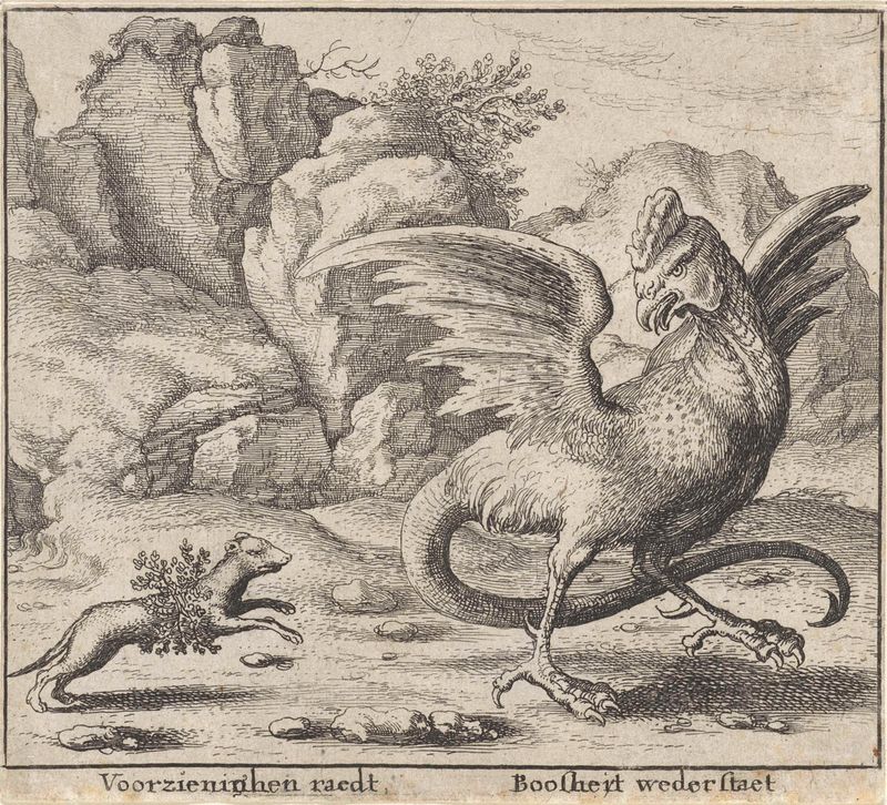 Gravura alegórica de Wenceslaus Hollar representando um basilisco e uma doninha.
