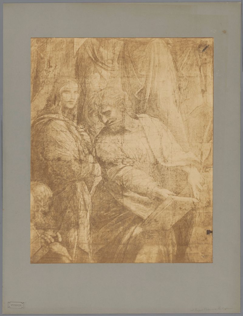 Drawing for De School van Athene by Pompeo Pozzi, featuring scholars in a hall.