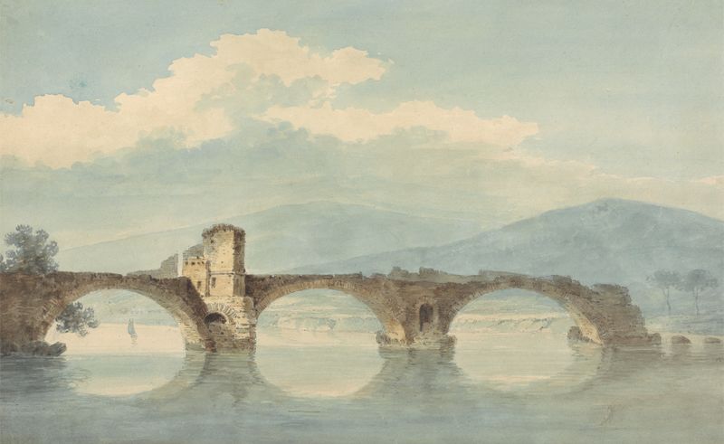 Watercolour by William Alfred Delamotte depicting a bridge over the Arno river