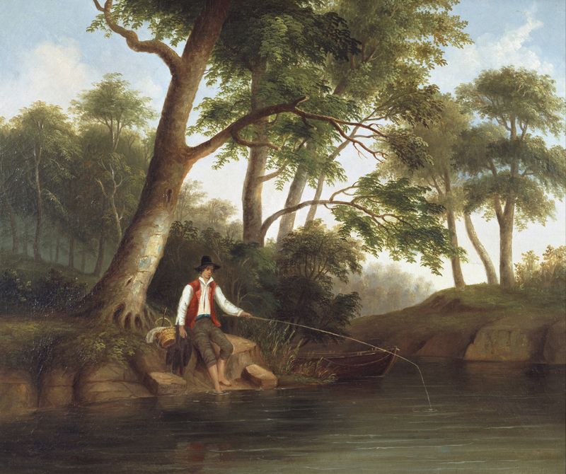 Man Fishing de Robert S. Duncanson, óleo sobre tela, representando um pescador ao lado de um rio tranquilo