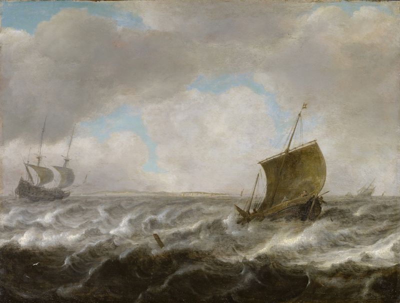 Rough Sea with Ships de Julius Porcellis, óleo sobre tela mostrando navios navegando em águas turbulentas