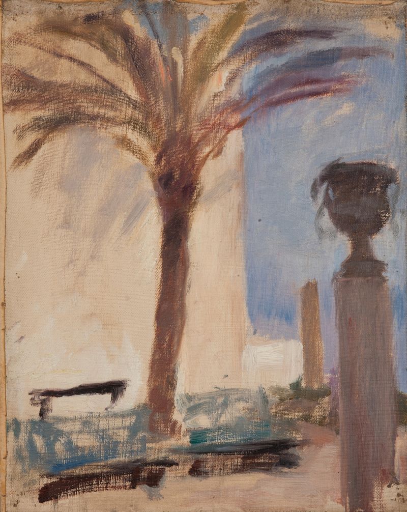 Taormina (Palmeiras perto do Hotel) de Jan Ciągliński, óleo sobre tela, apresentando altas palmeiras ao crepúsculo.