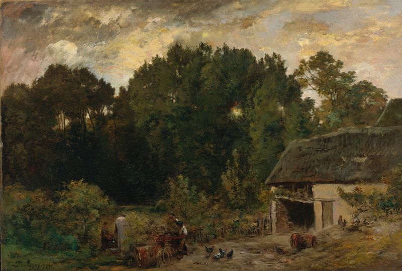 Le Tonnelier de Charles François Daubigny, pintura al óleo de un tonellero en luz cálida de atardecer.