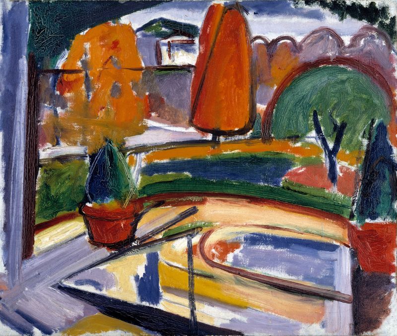 Landscape with Pond–Newman’s Yard by Carl Newman, oil on canvas featuring vibrant colors and reflections.