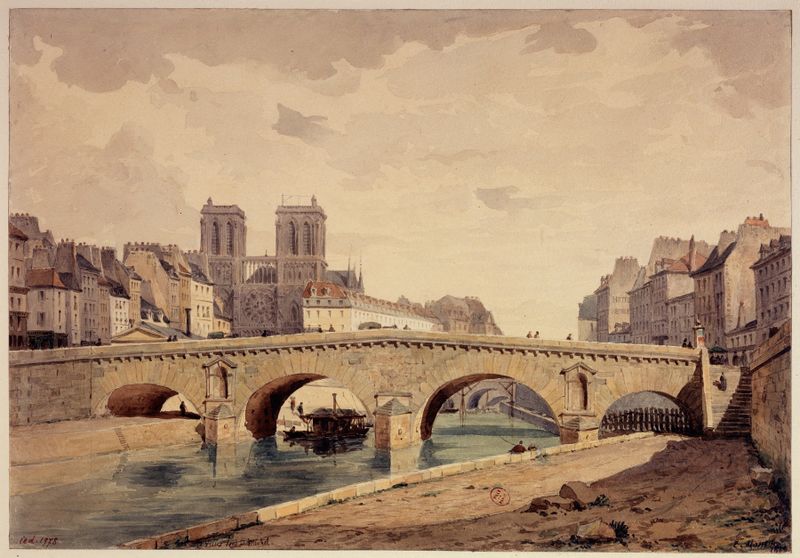 Le vieux pont Saint-Michel en 1850, oil on canvas by Louis-Martial-Théodat Masson, depicting a bridge over a river.