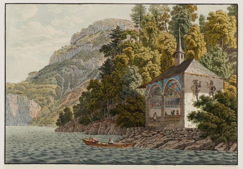 Paisaje sereno con lago y bosque de David Alois Schmid, óleo sobre lienzo
