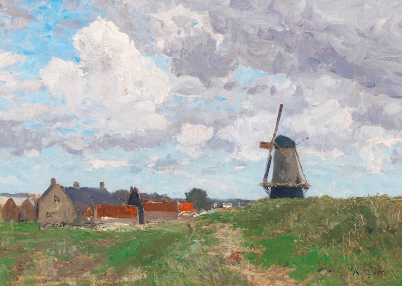 Un molino de viento contra un cielo cobalto, pintura al óleo de Alfred Zoff