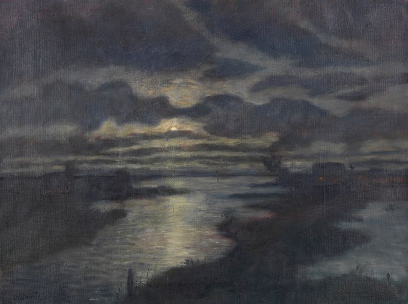 Landscape at twilight with moonlight, oil on canvas by Otto Modersohn