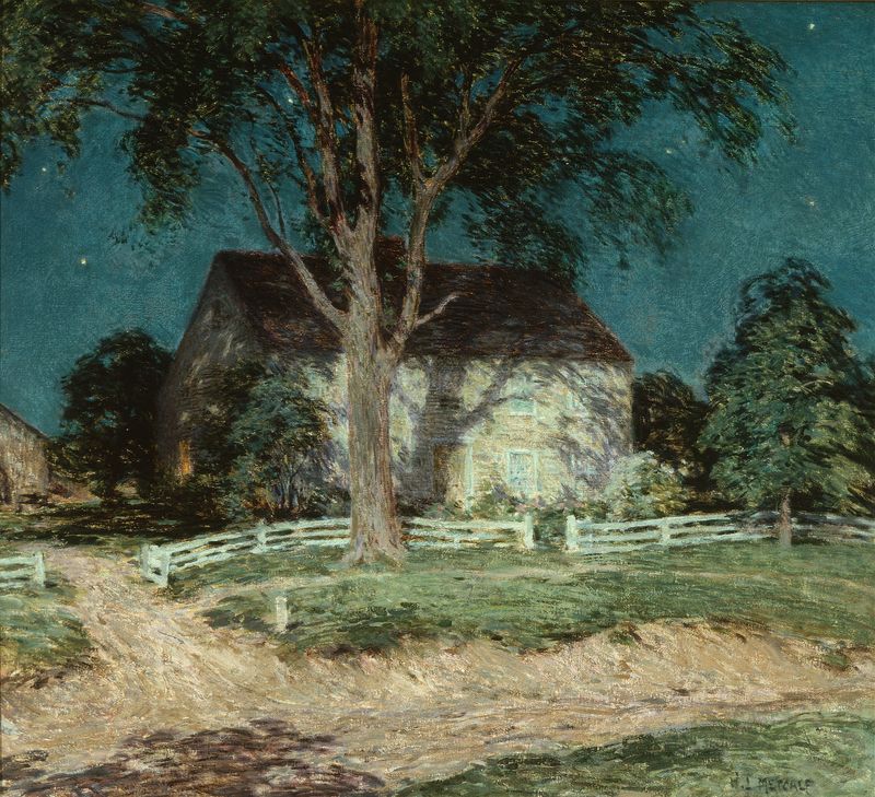 Old Homestead Connecticut by Willard Leroy Metcalf, oil on canvas depicting a rustic house and trees.