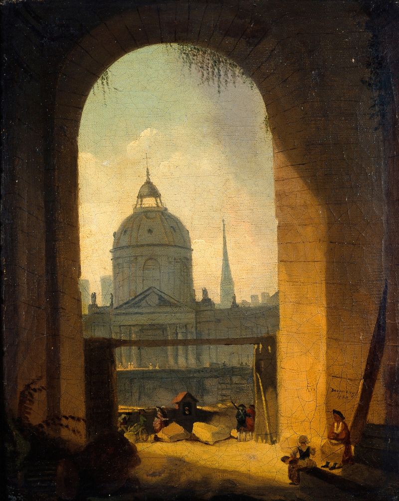 Oil on canvas by Pierre-Antoine Demachy depicting the Louvre courtyard with golden light.