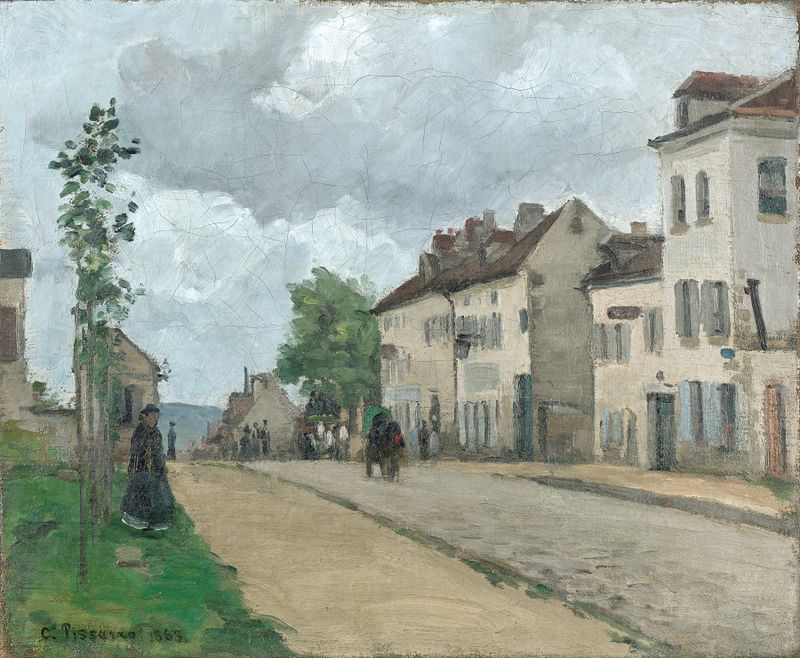 Landscape of Straße in Pontoise by Camille Pissarro, oil painting showing sunlight on cobblestones.