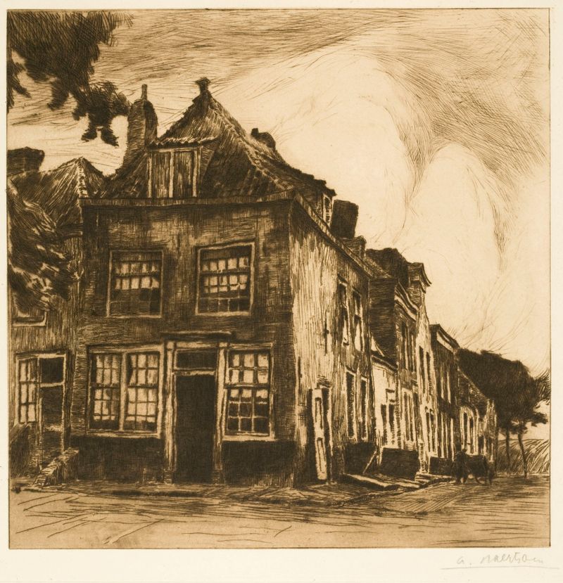 Zeeland Houses by Albert Baertsoen, depicting old houses with gabled roofs, oil painting