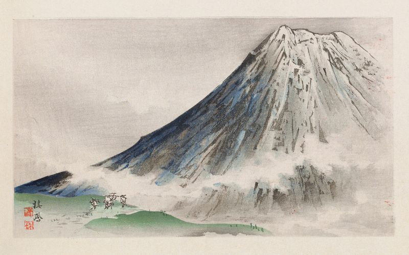 Ukiyo-e by Takeuchi Seihō depicting Mount Fuji with delicate brushwork
