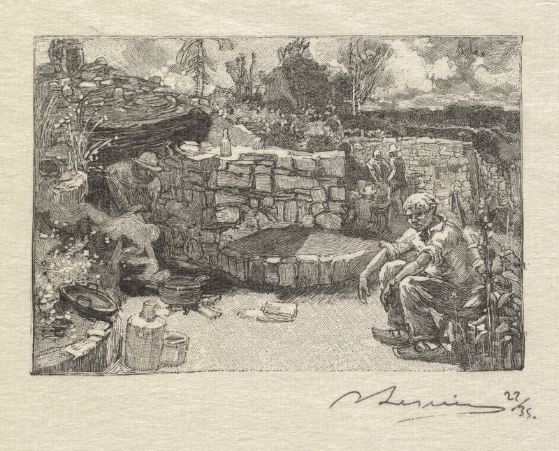 Grabado de Auguste Louis Lepère que muestra Quarryman’s Lodge con una cabaña en luz dorada