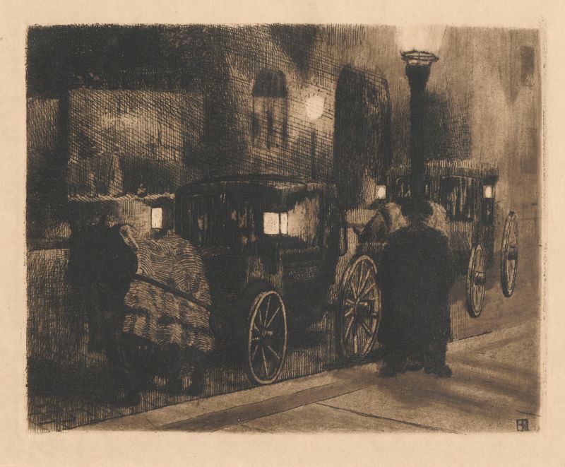 Droschkenhalteplatz by Walter Bud, oil painting depicting a bustling square with figures in muted earth tones.