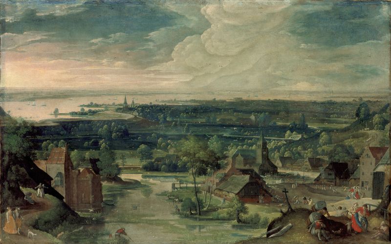 River Landscape de Hans Bol, óleo que muestra un río tranquilo iluminado por la luz del sol.