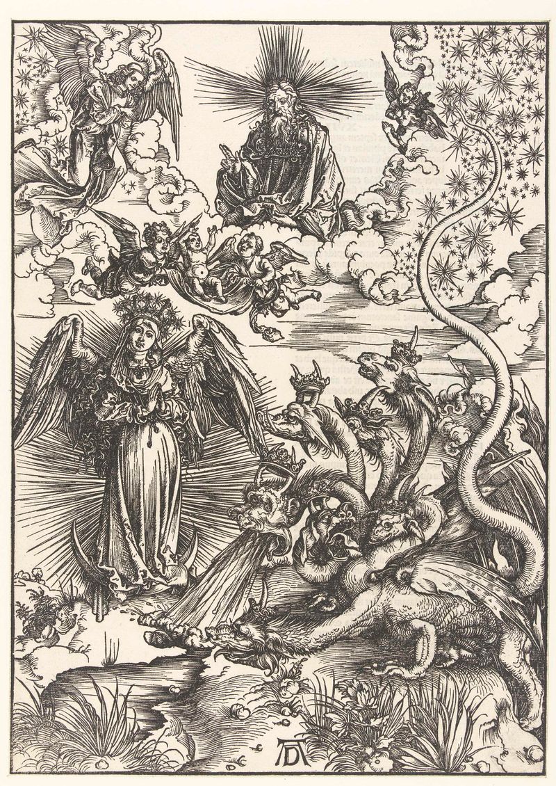 Engraving by Albrecht Dürer of a crowned woman facing a dragon in an apocalyptic scene.